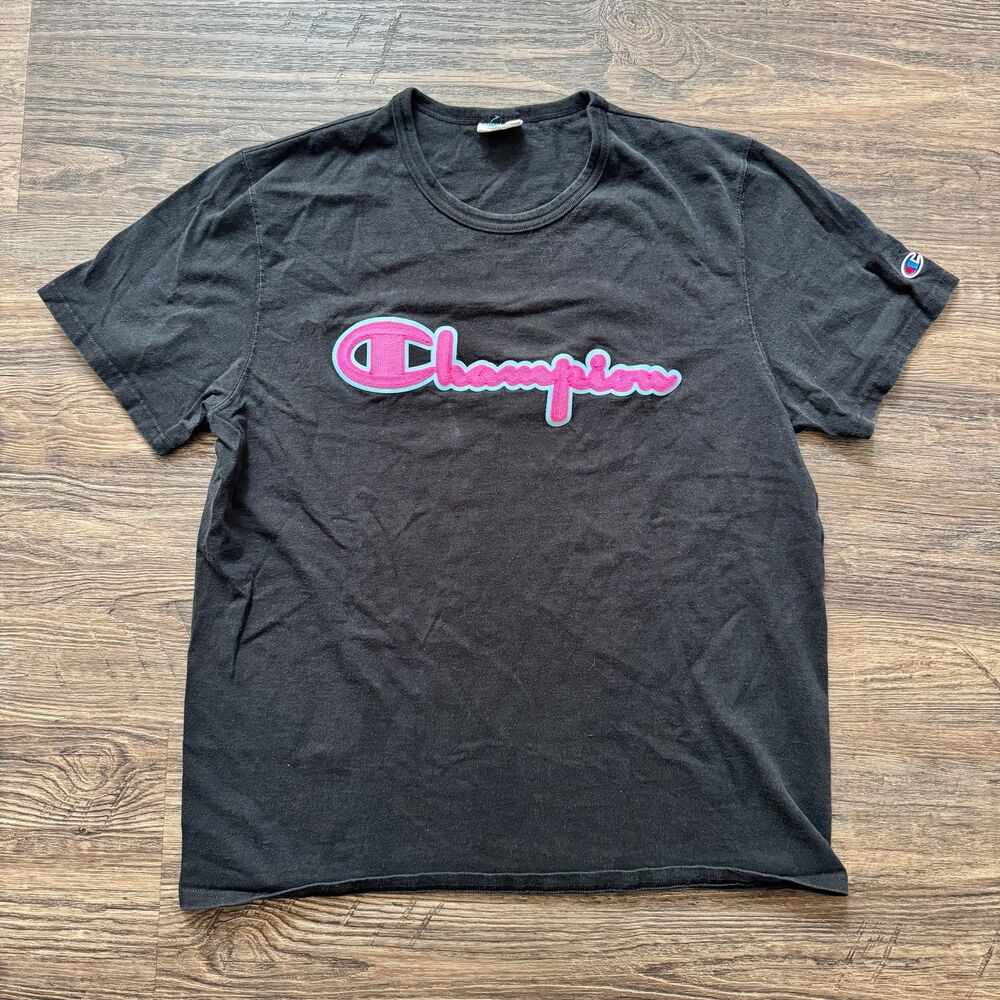 Vintage Embroidered Champion Neon Large Logo T Shirt Mens Size XL